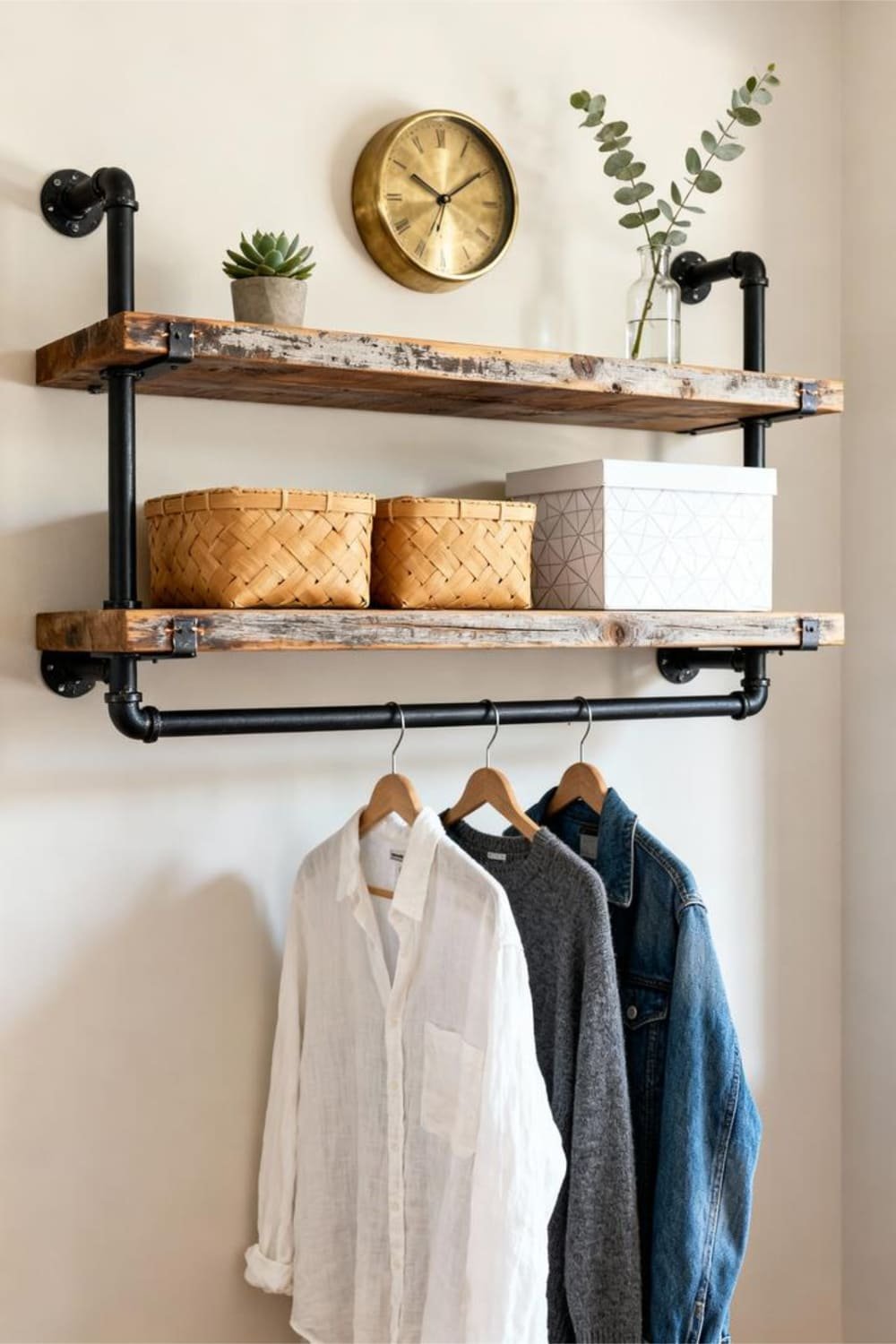 Industrial shelf with a built-in clothing rack holding decor and clothes.