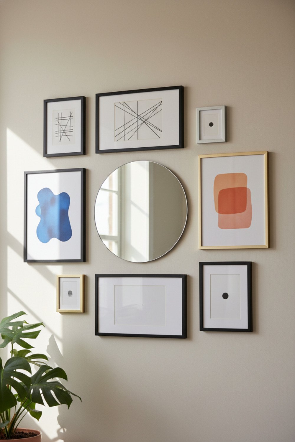 Modern gallery wall with thin black frames and a round mirror in a minimalist style.