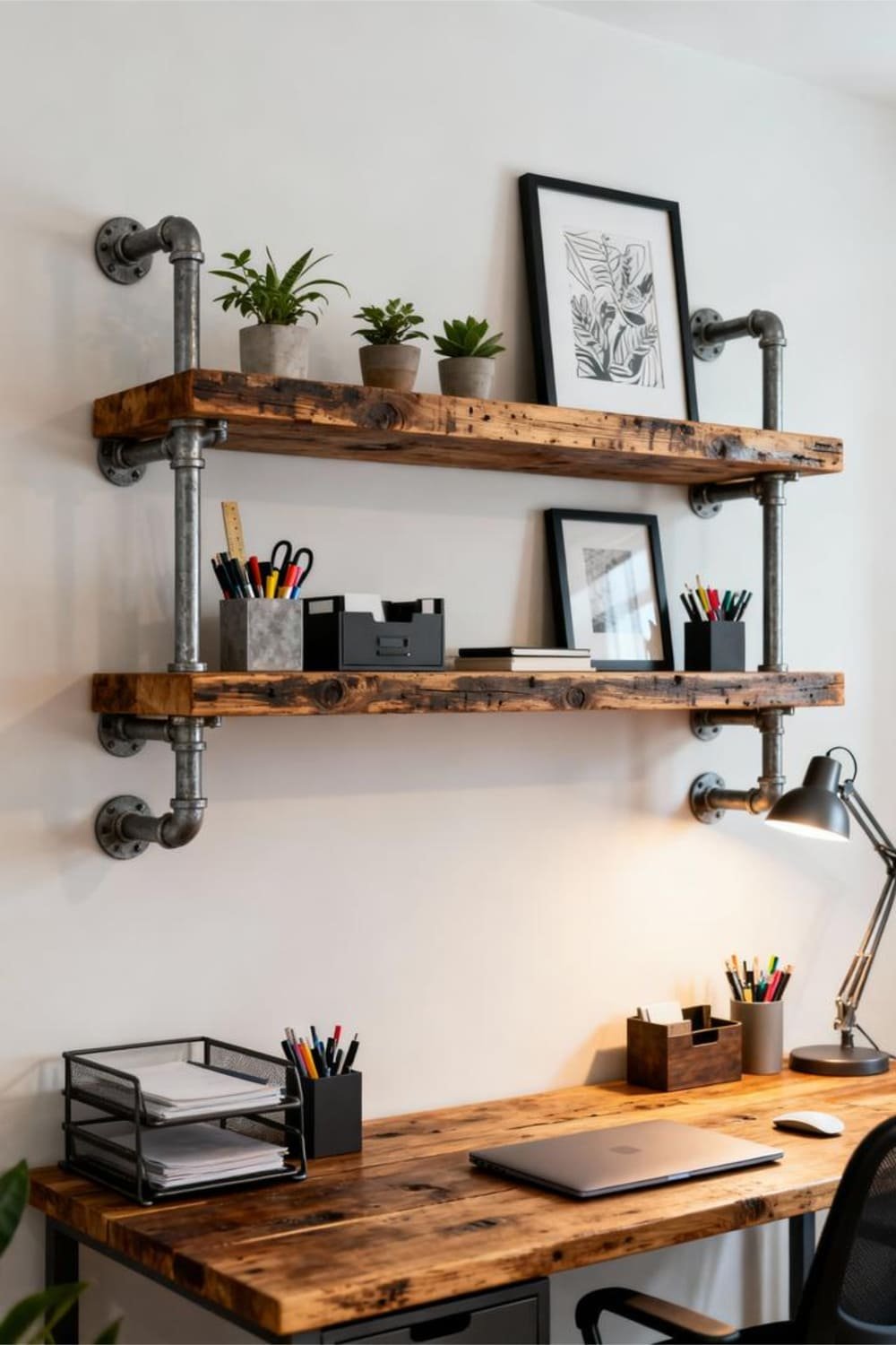 Industrial office shelves storing supplies and small decor items.