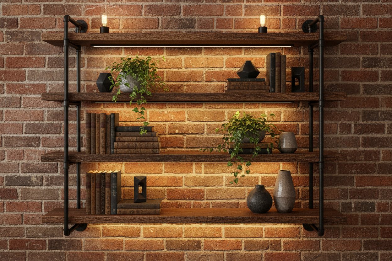 Industrial Chic Wall Storage Using Pipes and Reclaimed Wood
