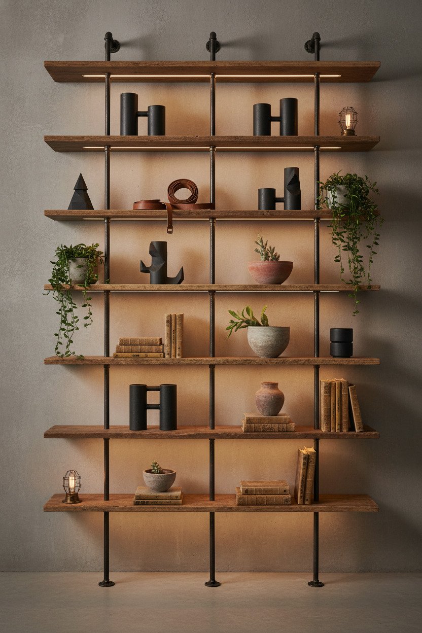 Industrial shelf with metal decor, pottery, books, and plants.