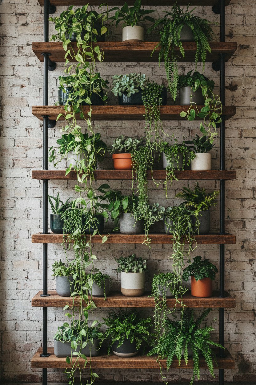 Industrial shelf decorated with greenery and modern planters.