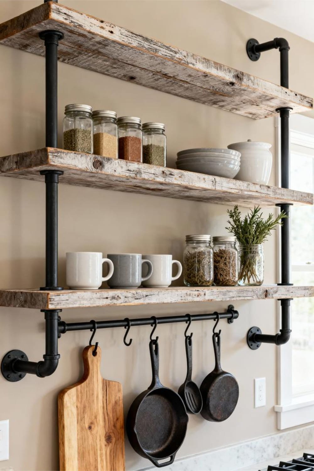 Industrial kitchen shelving with mugs, spices, and cookware.