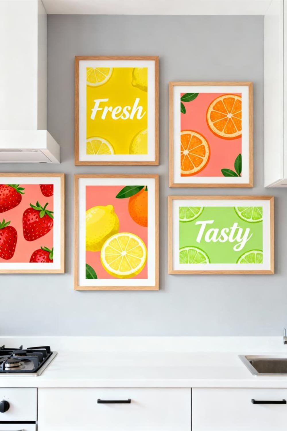 A modern kitchen with colorful printable art showcasing fruit illustrations and bold typography for a cheerful look.