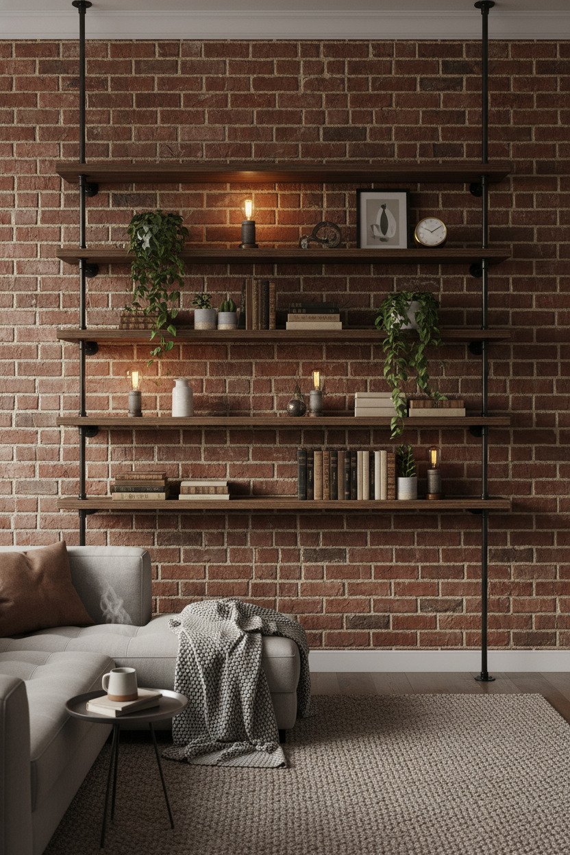 Industrial shelves in a living room holding books and decor