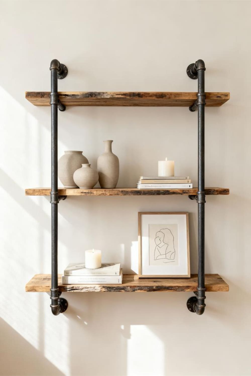 Minimalist industrial shelf with books, vases, and artwork arranged symmetrically.