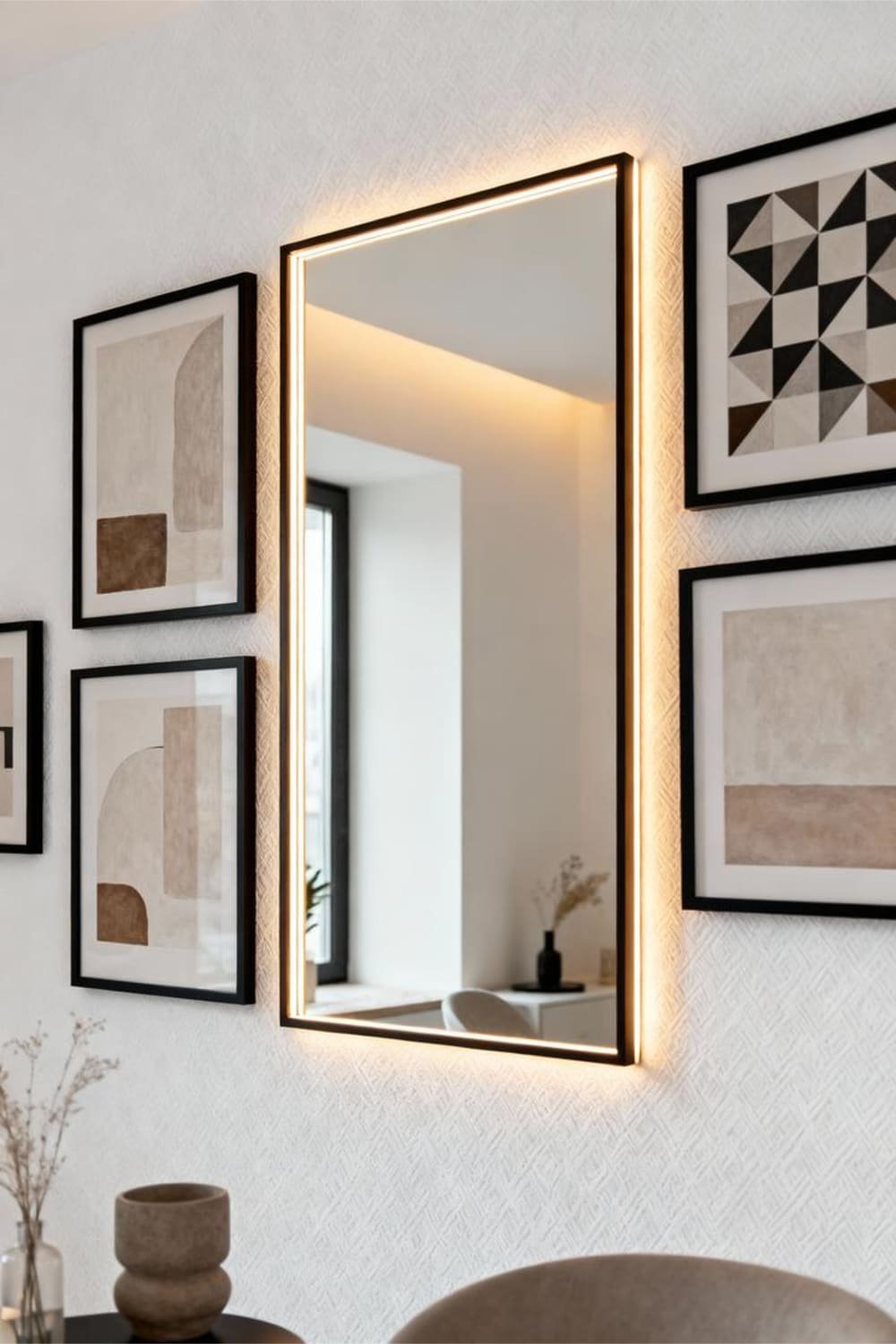 Gallery wall with LED strip lighting enhancing a mirror and artwork display.