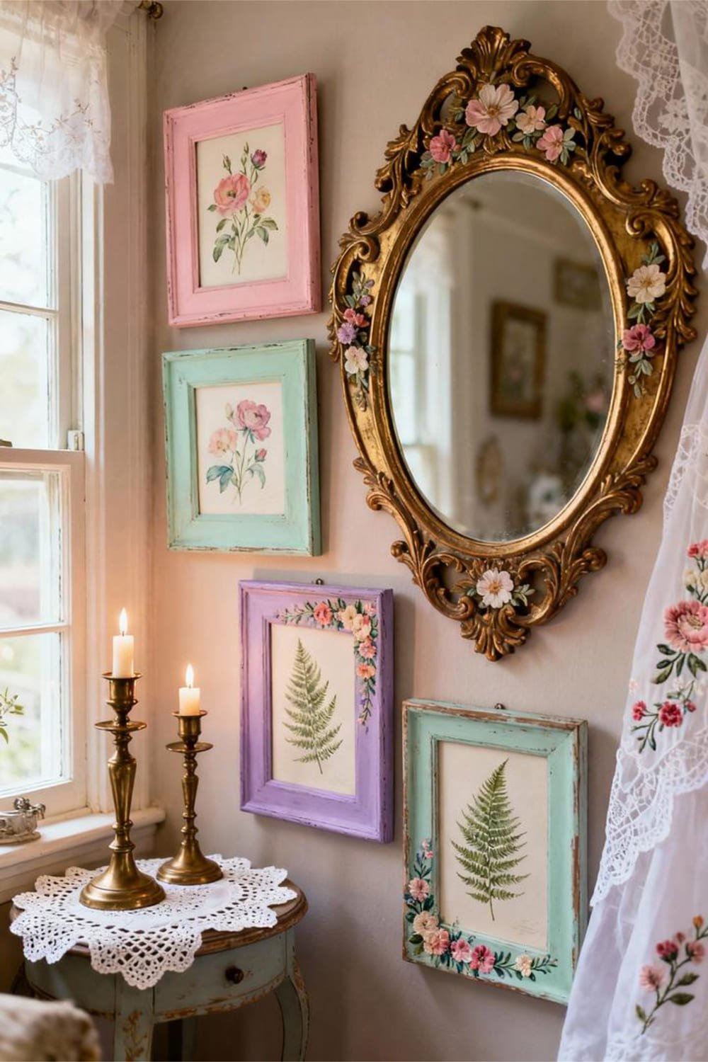 Vintage gallery wall with botanical prints and a gold ornate mirror.