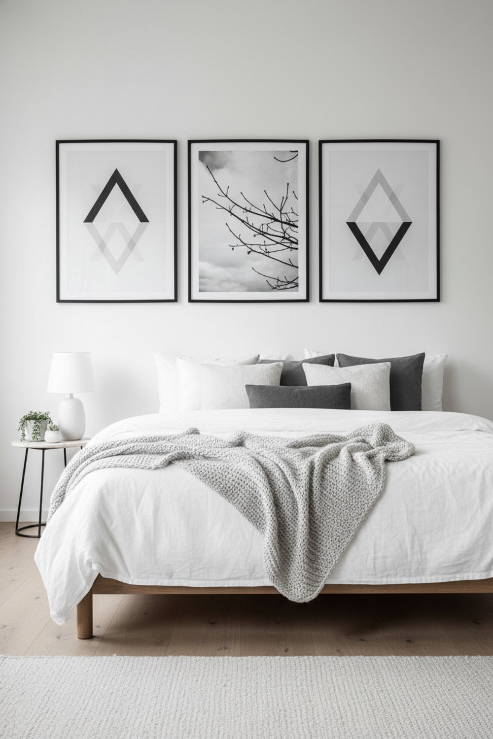 A calm modern bedroom with monochrome framed prints hanging above the bed, styled with soft white bedding and neutral tones.