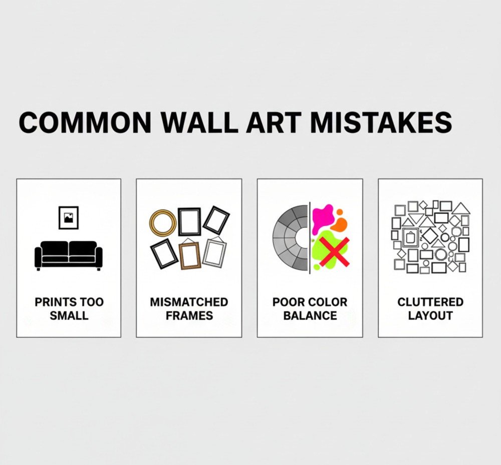 A modern infographic showing common wall art mistakes such as small prints, mismatched frames, poor alignment, and overcrowded layouts.