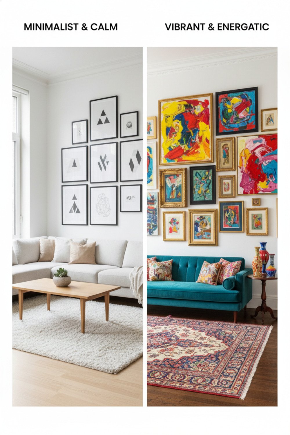 A split-screen comparison showing monochrome minimalist art on one side and bright colorful artwork on the other in contrasting room styles.