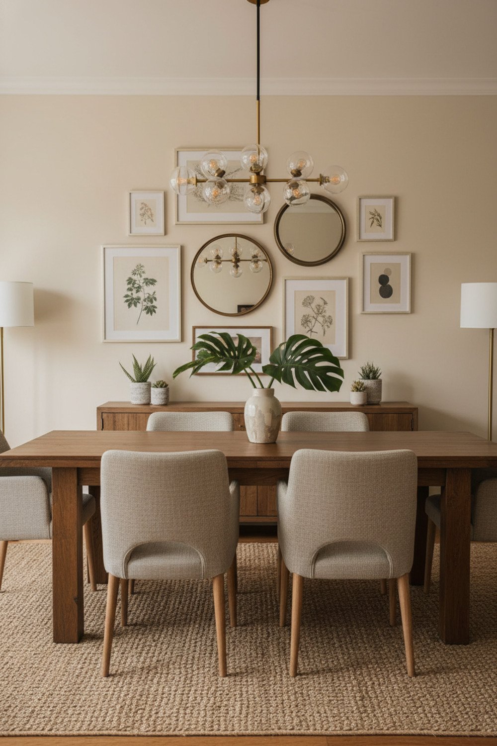 Dining room with a gallery wall combining mirrors and artwork for added light.