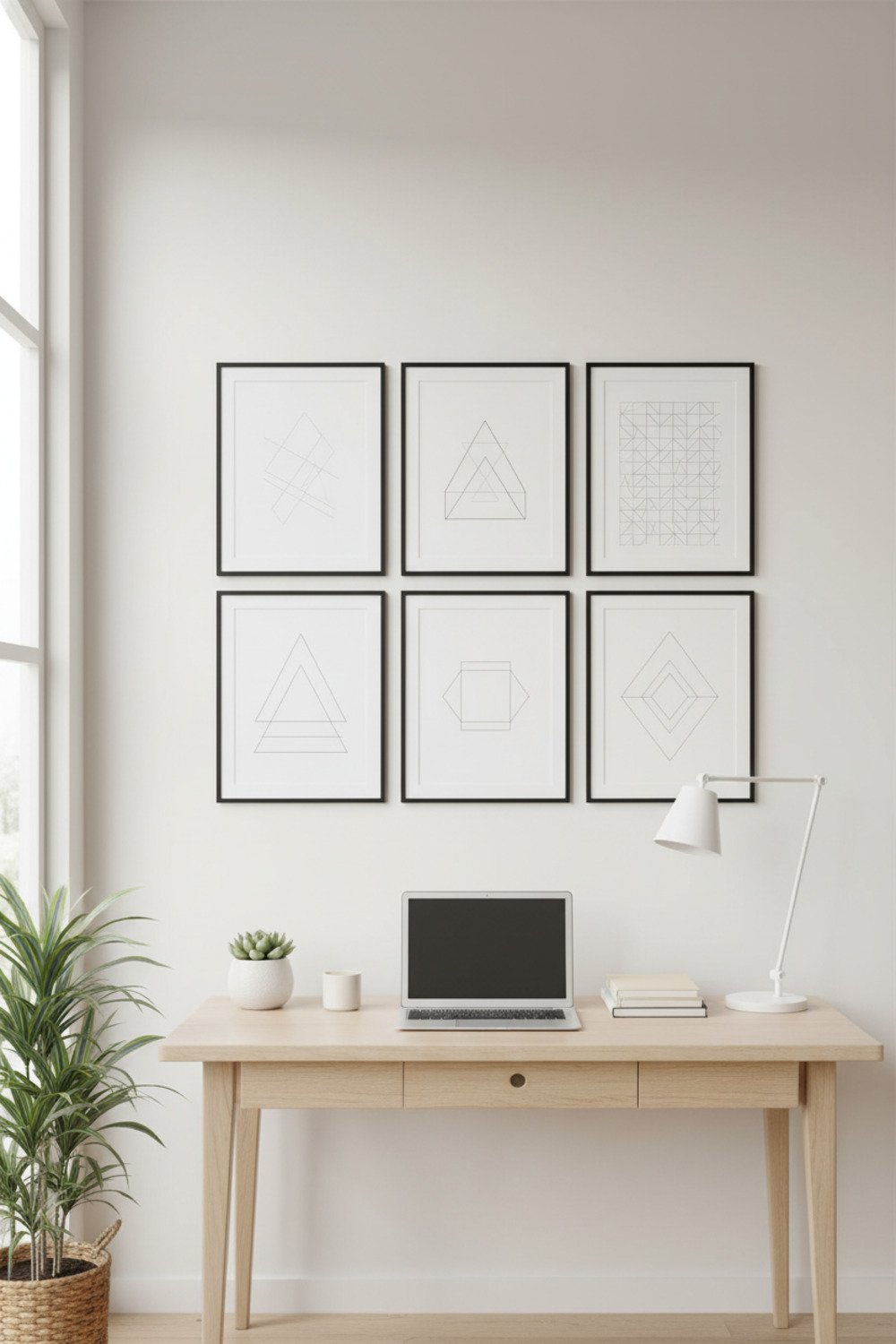 A clean home office with black-and-white line art prints displayed above a minimalist desk with plants and neutral decor.