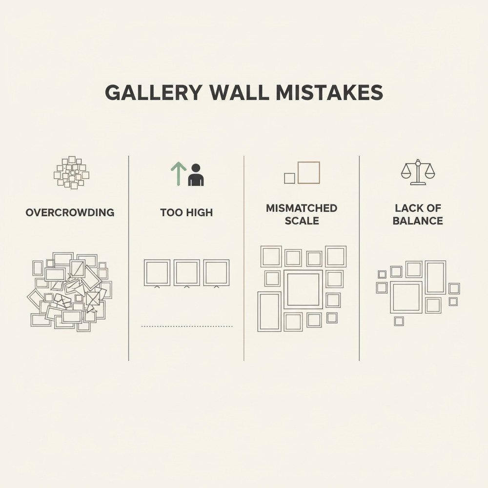 Infographic highlighting common mistakes when creating a gallery wall.