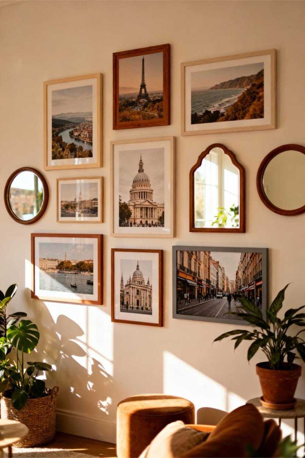 Gallery wall mixing travel photography prints with mirrors for added light.