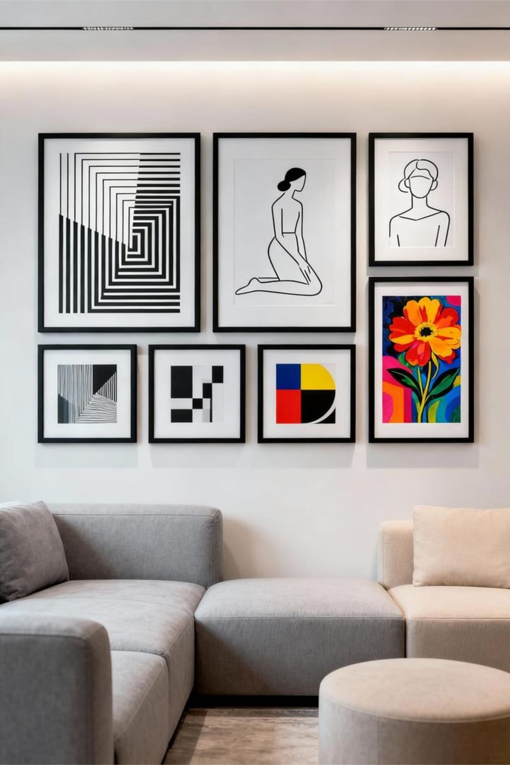 A balanced gallery wall combining monochrome line art with bold vibrant prints in a stylish modern interior setting.