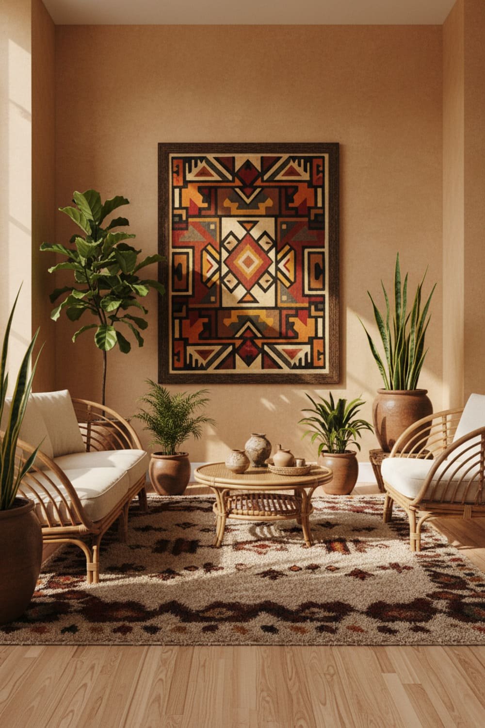 African tribal geometric pattern printable displayed in a warm, earthy-toned living room with rattan accents.