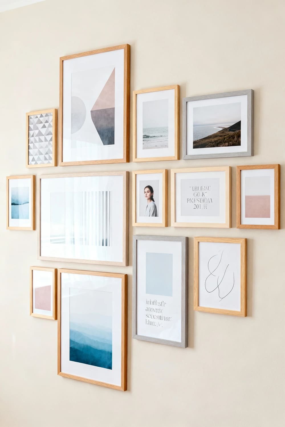 A balanced Scandinavian gallery wall mixing abstract art, photography, and line drawings.