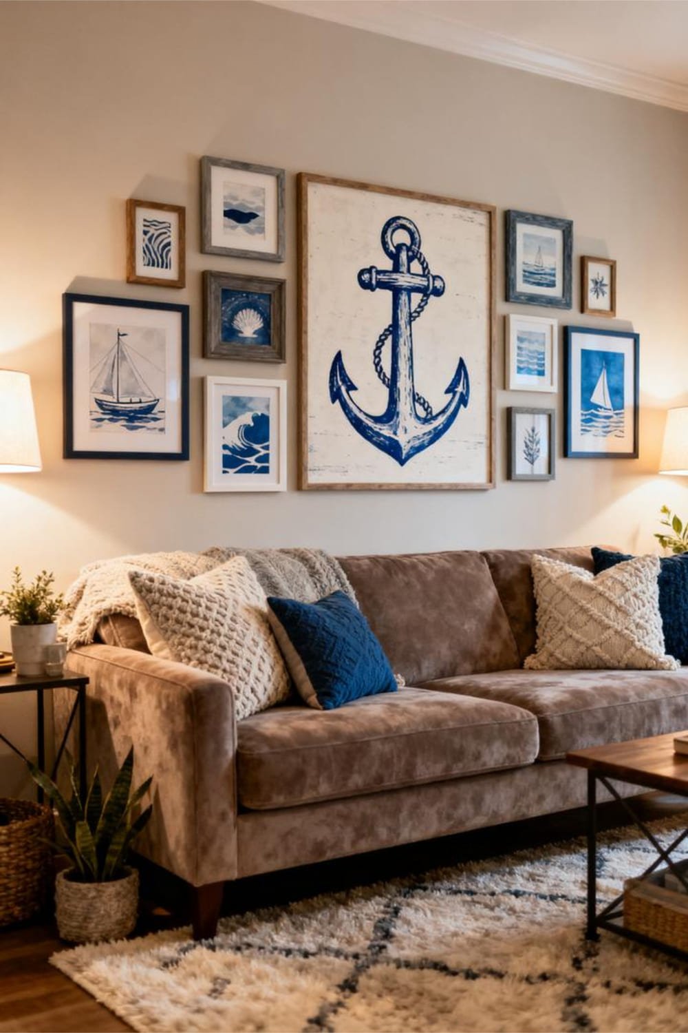 Gallery wall above sofa featuring balanced frame sizes with a large anchor piece.