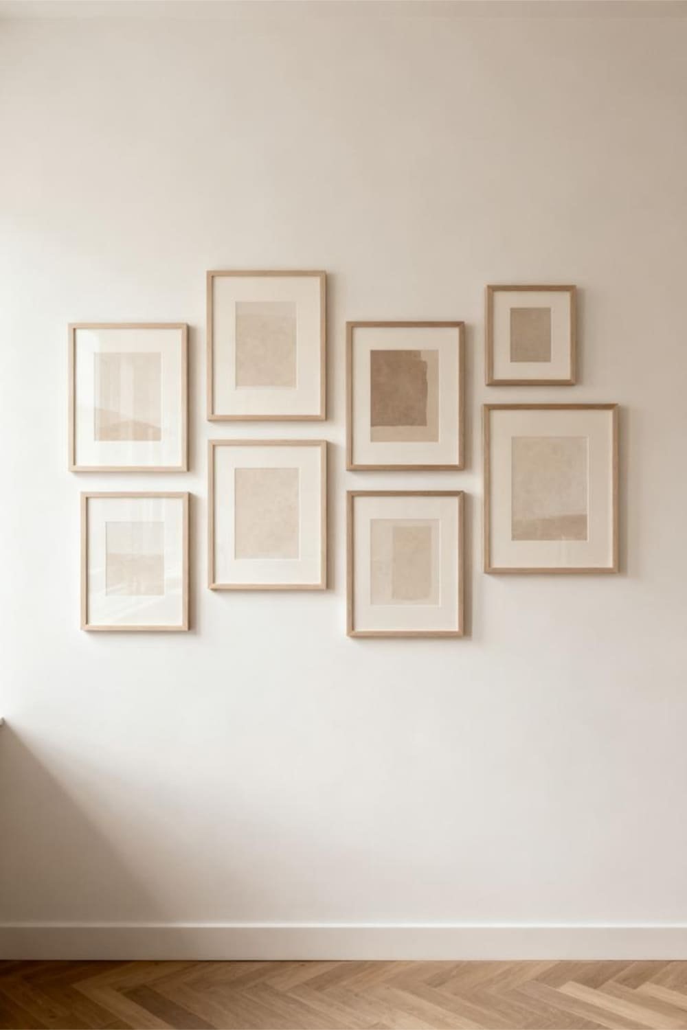 Balanced minimalist gallery wall with a relaxed but intentional layout