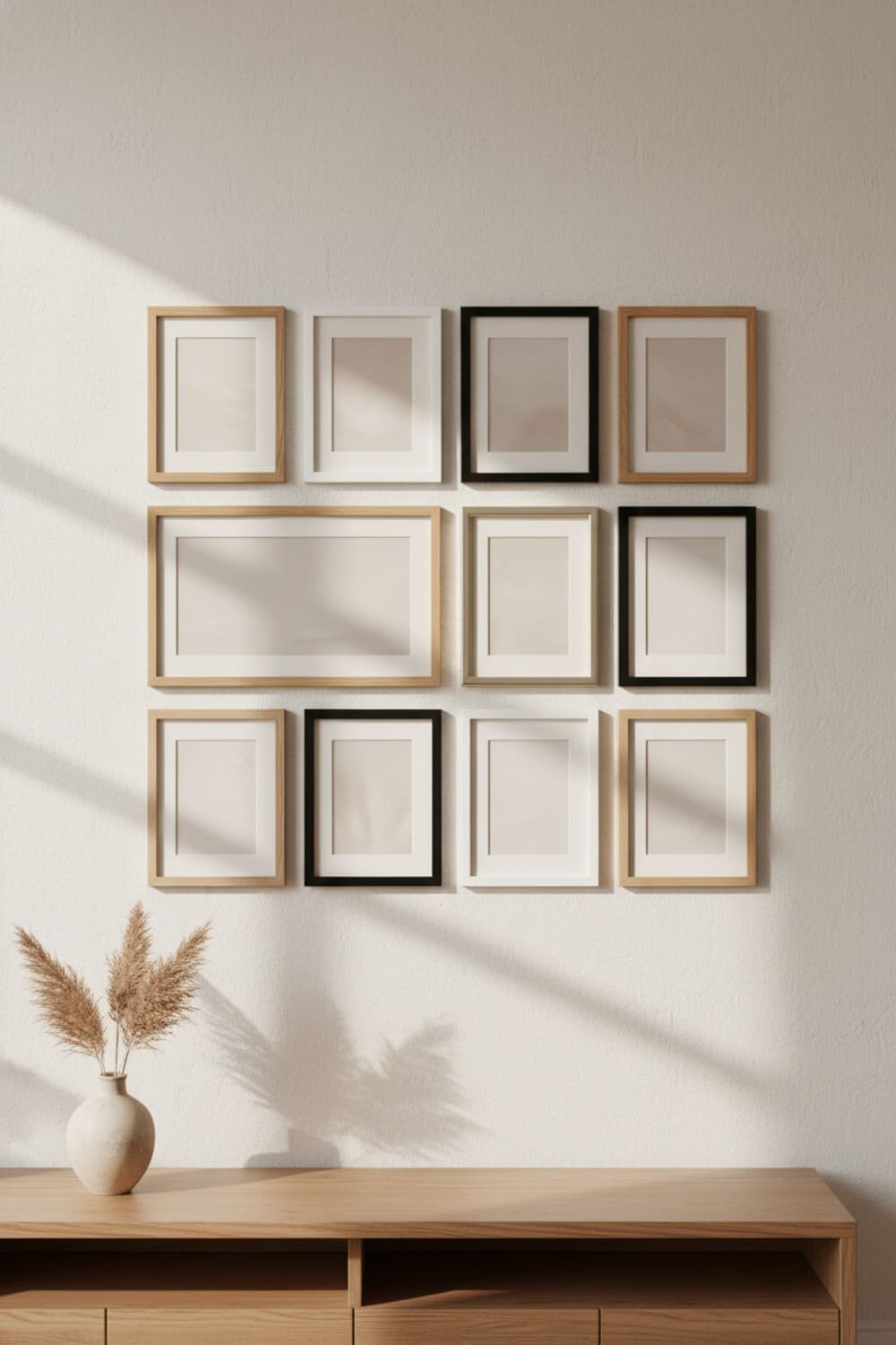 A selection of Scandinavian-style frames in oak, white, and matte black.
