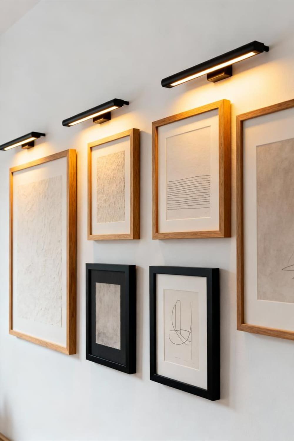 A warmly lit Scandinavian gallery wall with minimalist sconces and picture lights.
