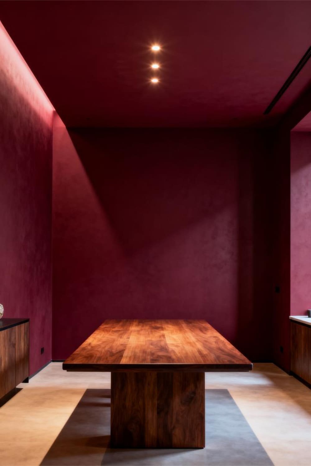 Dining room with burgundy walls and wooden table.