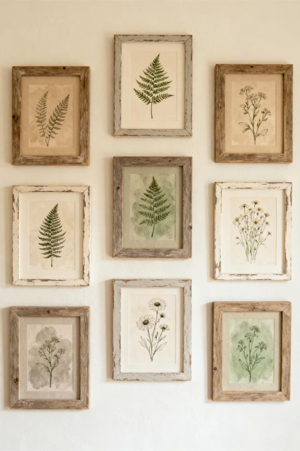 Rustic framed botanical prints featuring ferns and wildflowers.
