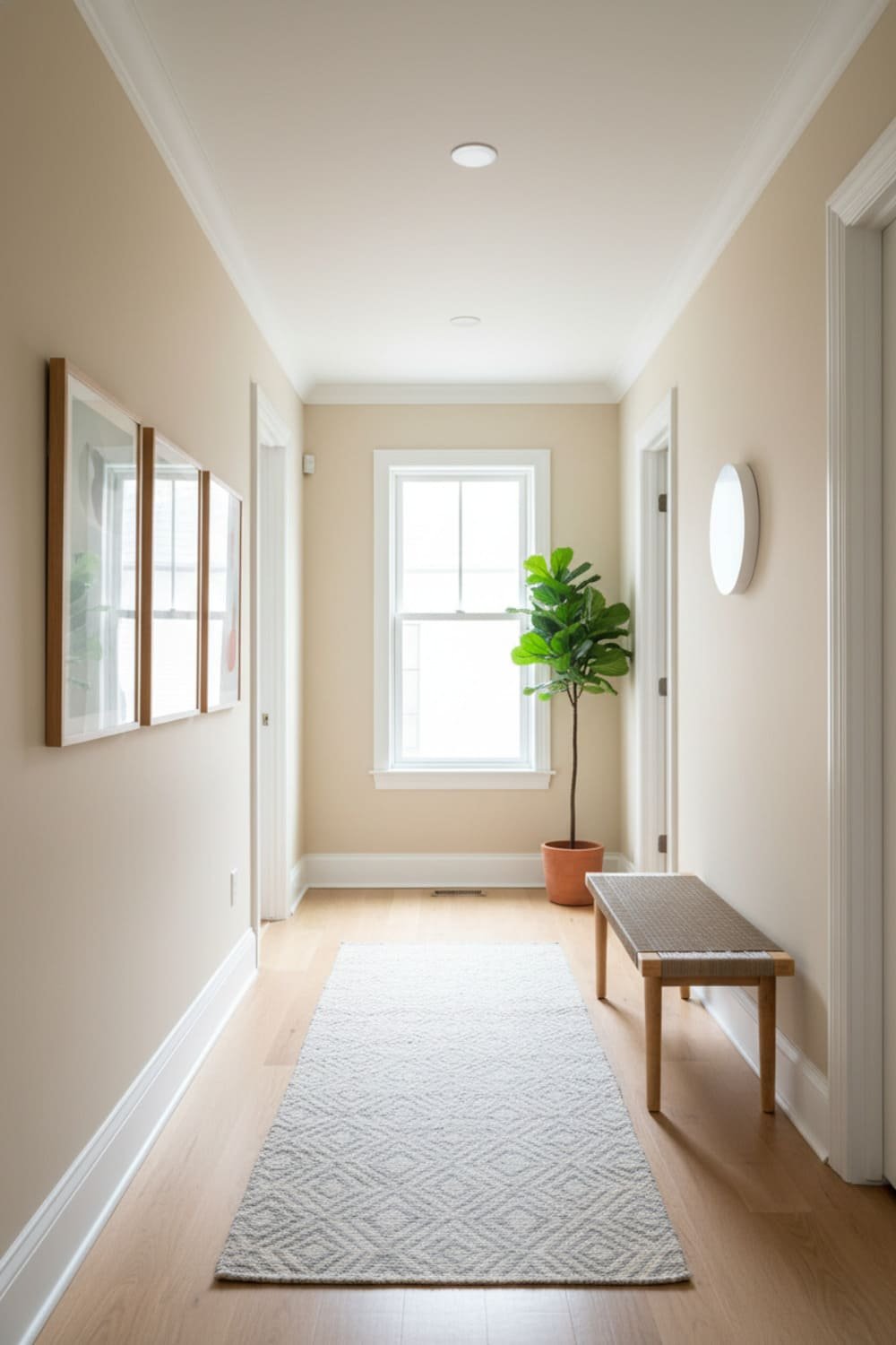 Hallway painted in warm beige with white trim and minimalist decor