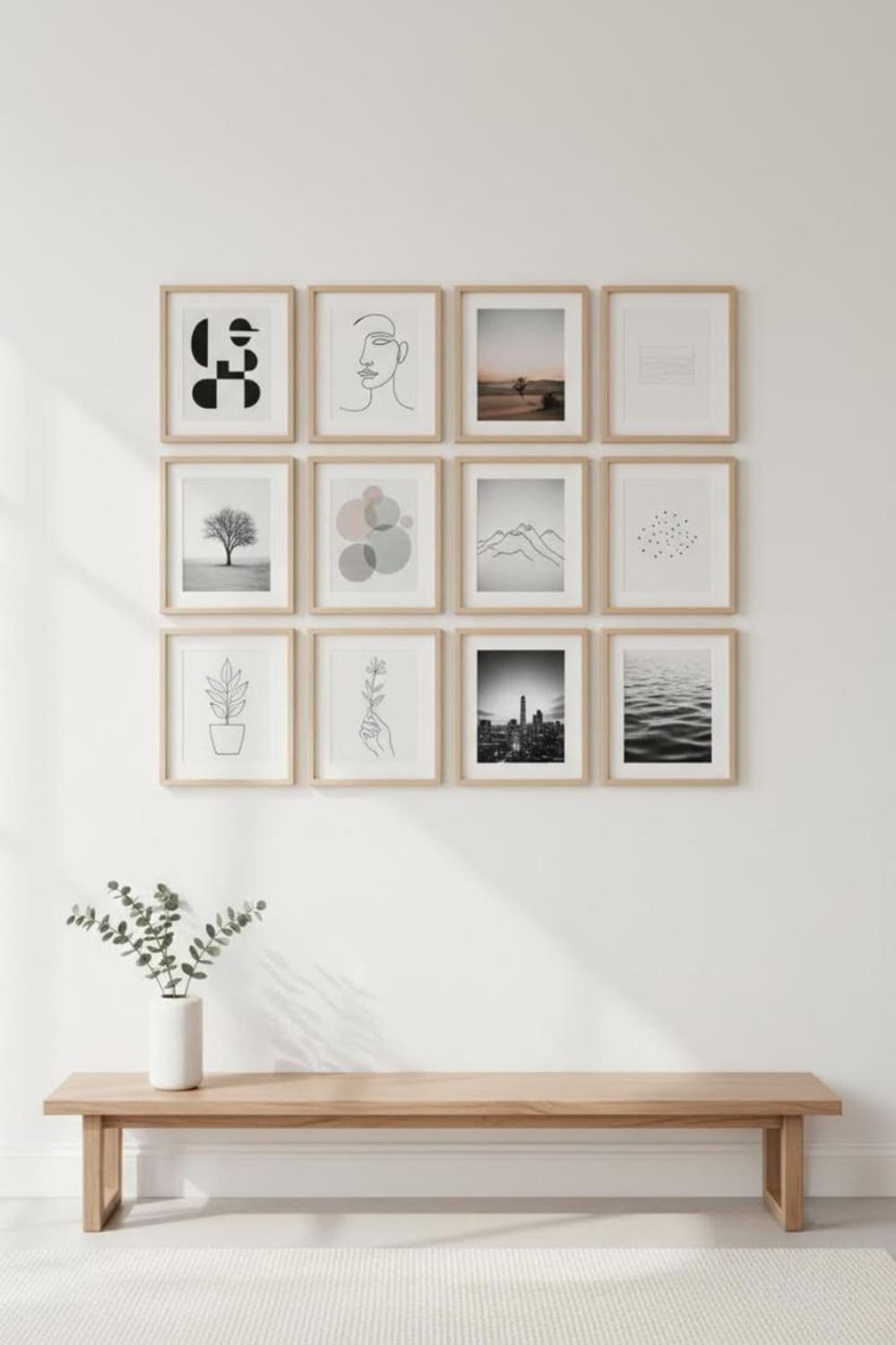 Budget-friendly minimalist gallery wall using simple art and matching frames