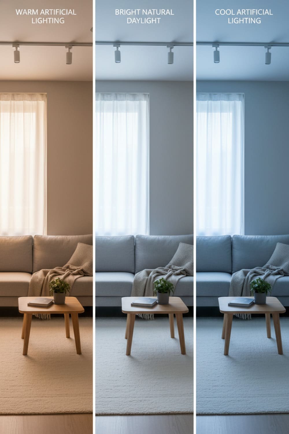 Room shown in natural light, warm light, and cool light to reveal how wall paint changes under each lighting type.