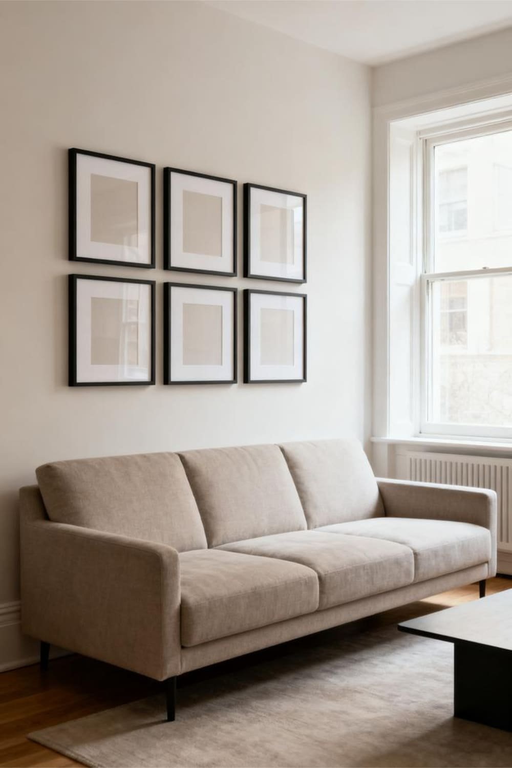 Symmetrical 3x3 grid gallery wall framed above a sofa in a minimalist living room.