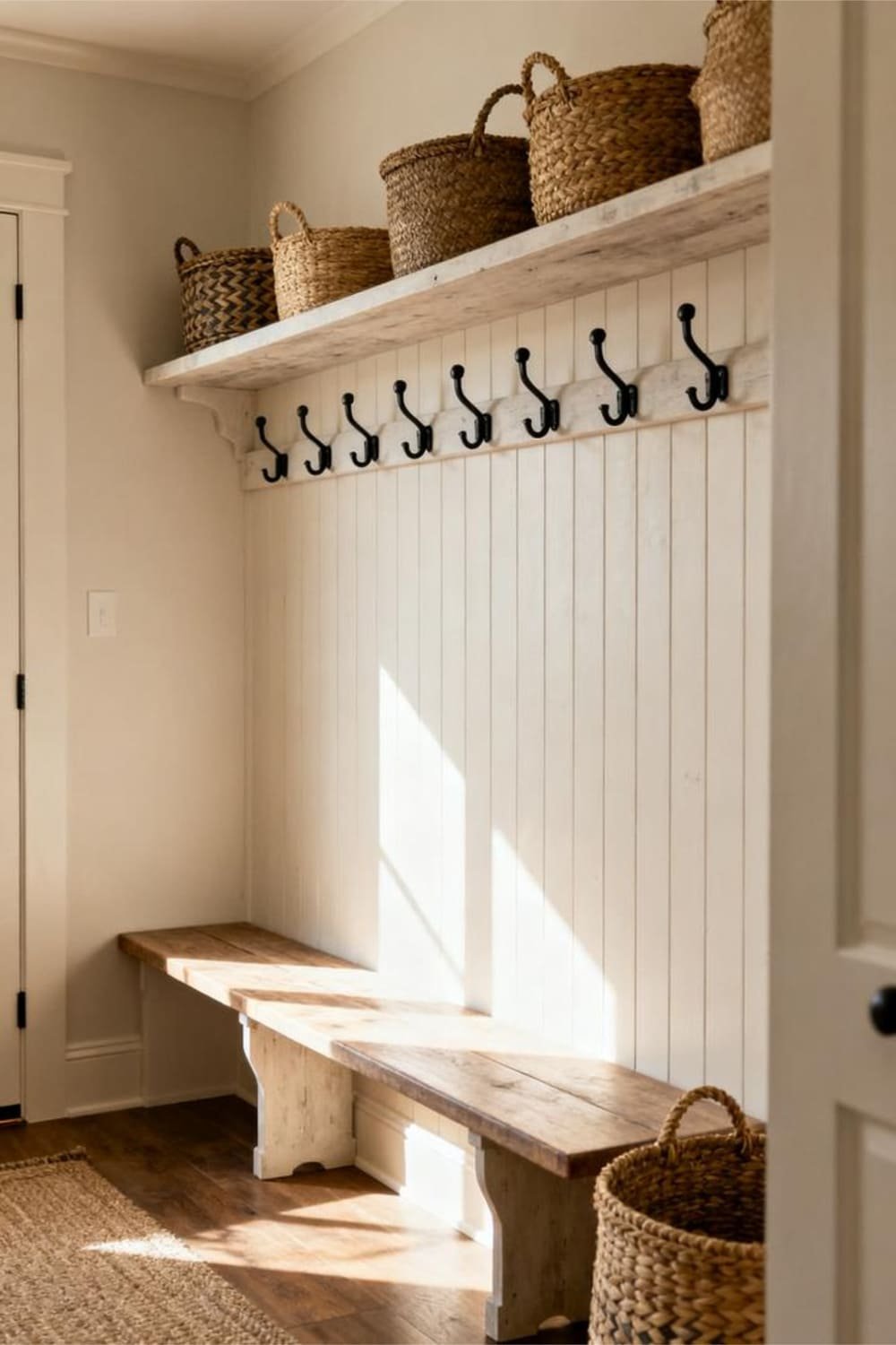 Mudroom wall with a floating shelf above a row of metal hooks, baskets arranged on top, and a bench below.