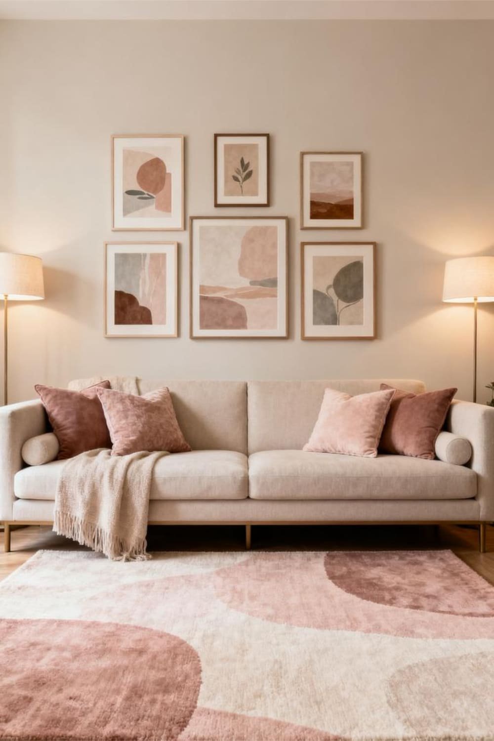 Gallery wall above sofa featuring artwork in a matching color palette.