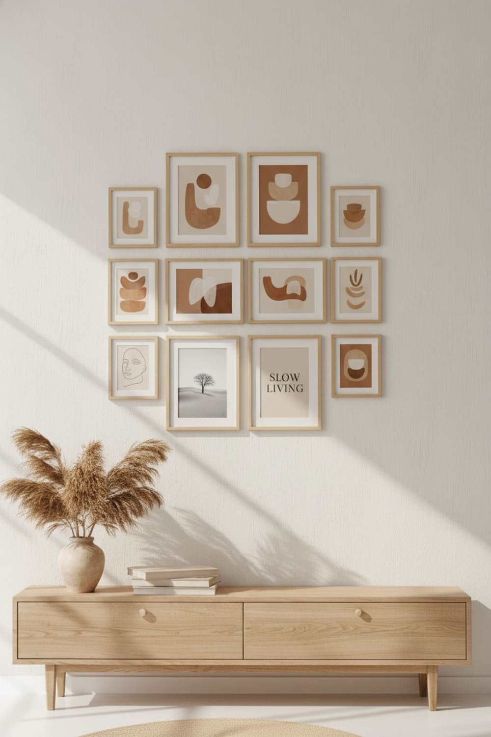 Close-up of evenly spaced Scandinavian gallery wall frames.