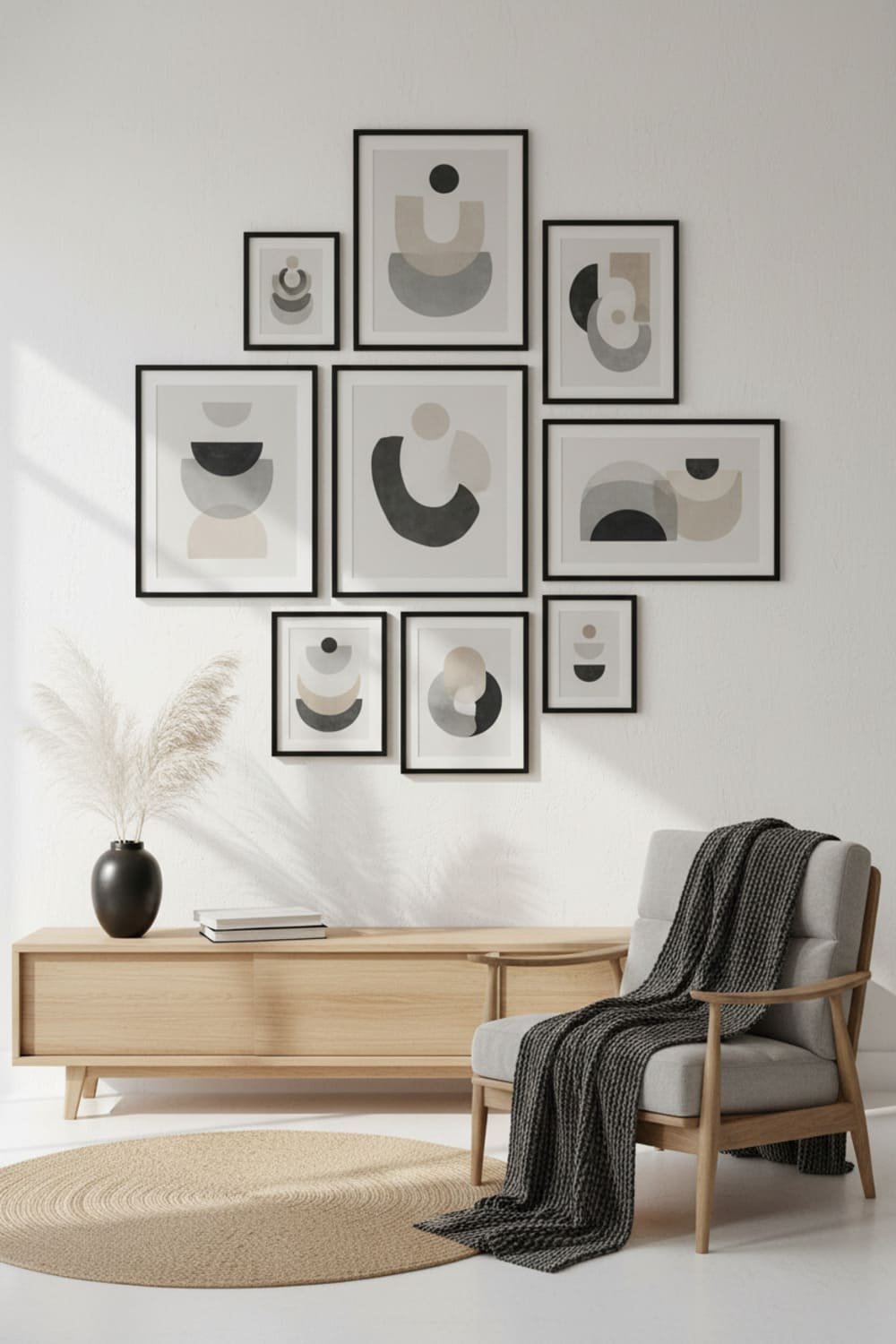 A neutral Scandinavian gallery wall with cool gray tones and matte black frames.
