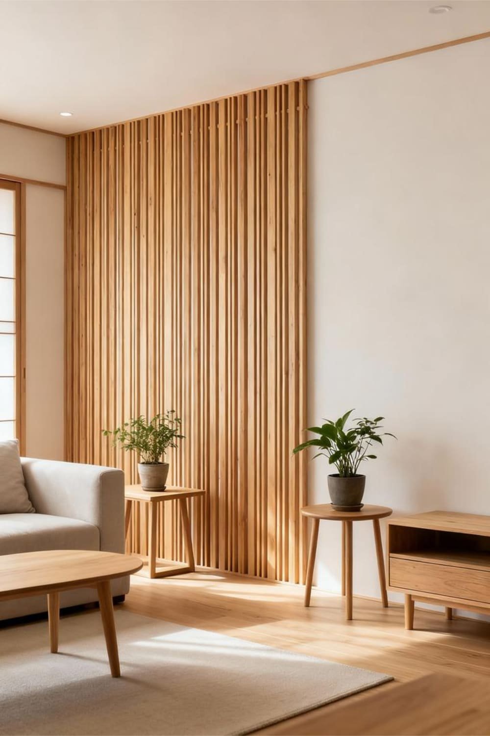 Cozy living room with a vertical wooden slat accent wall.