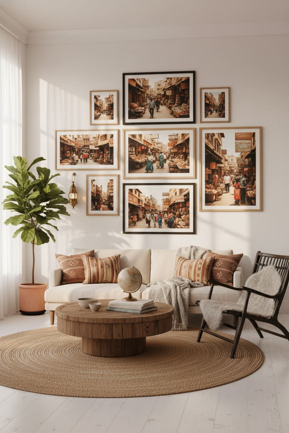 Gallery wall featuring travel photography printables of lively cultural street scenes in warm earthy tones.