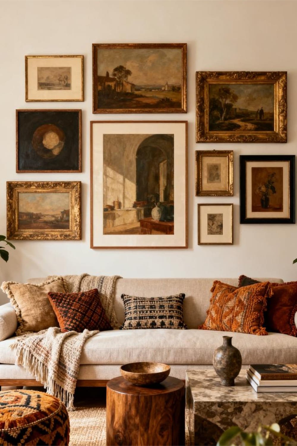 Mixed-size art frames arranged in an organic cluster above a sofa.