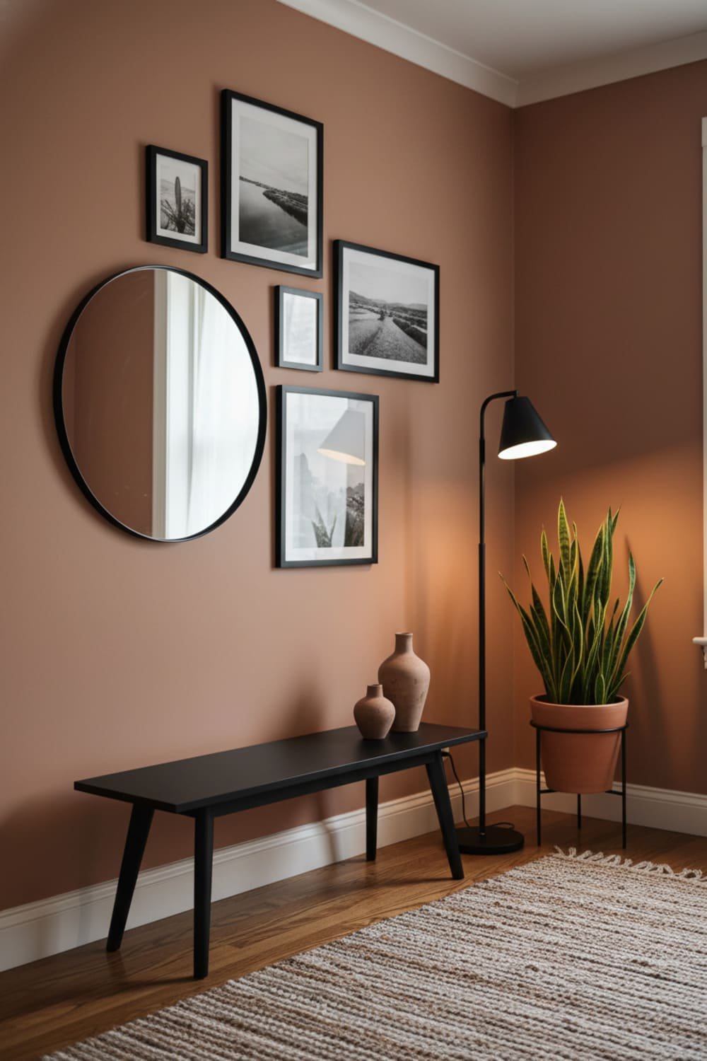Terracotta-painted entryway with black accents and warm decor.