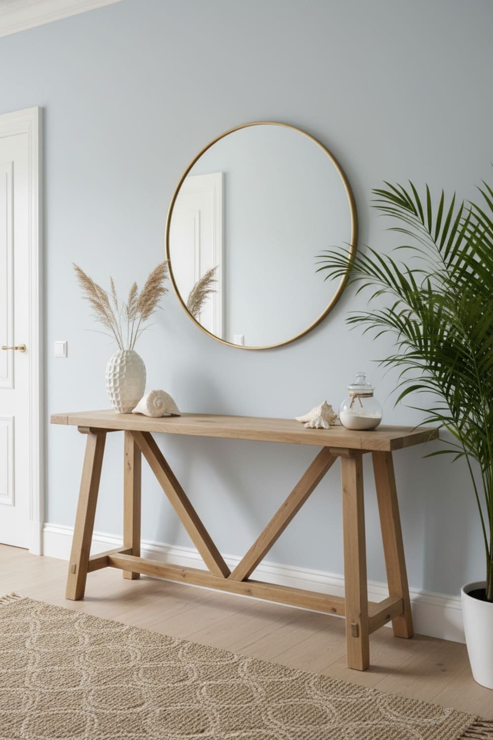 Entryway painted in soft blue with wood console and gold accents.