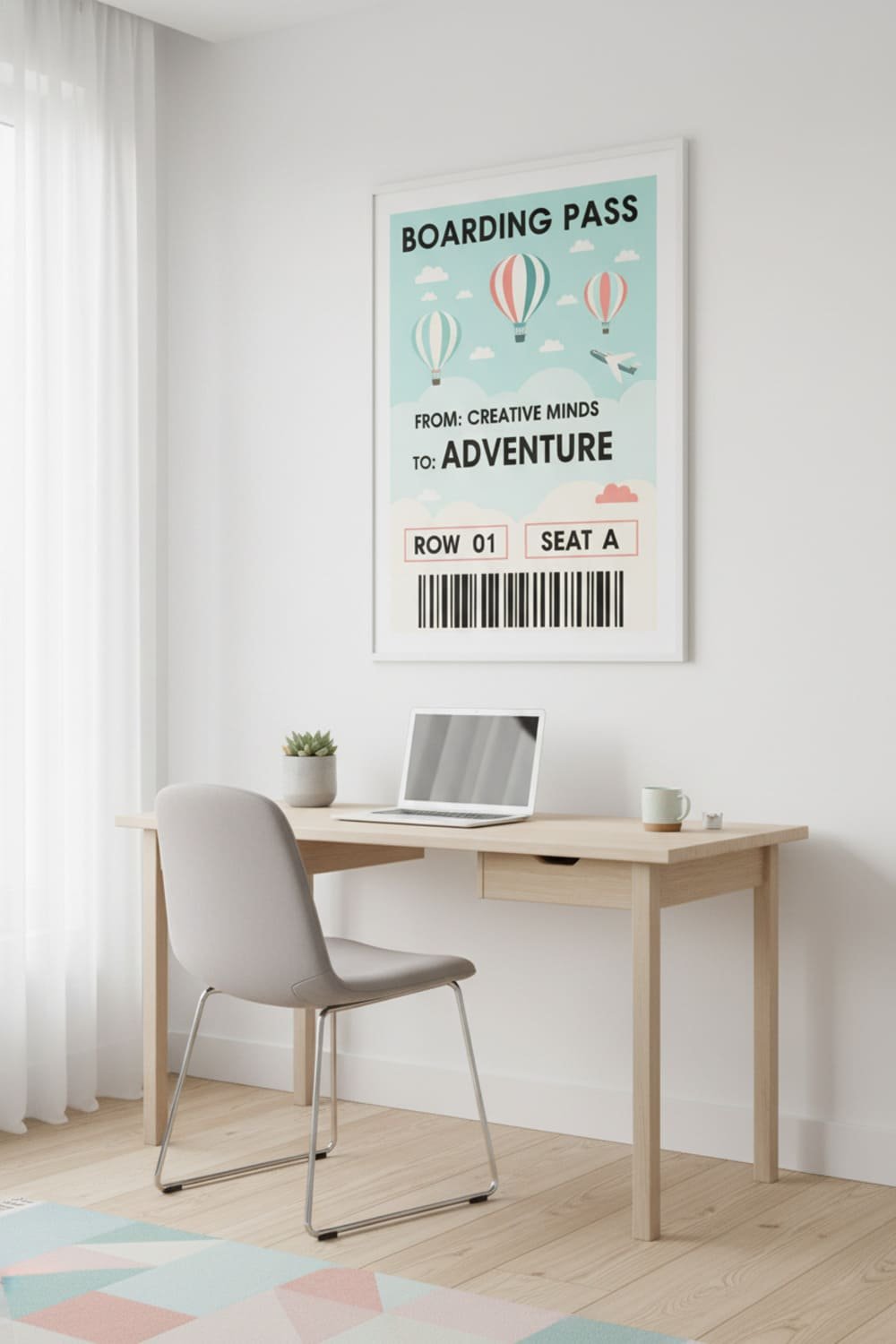 Oversized faux airline ticket printable hanging above a desk in a playful home office.