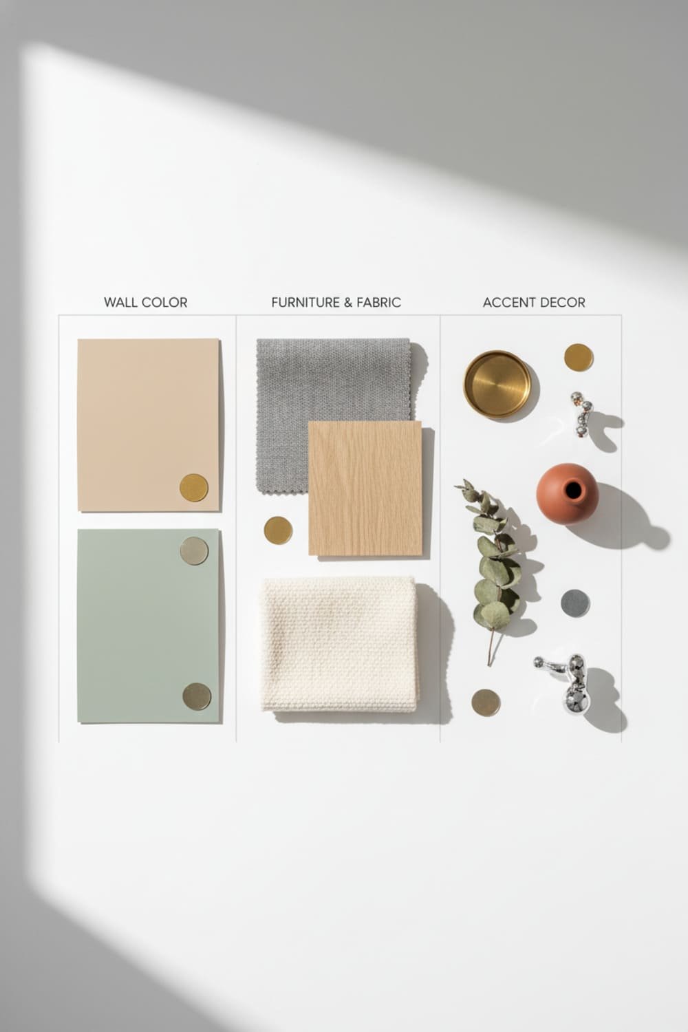 Color palette flat-lay showing paint swatches, fabric samples, and decor accents arranged in a 60-30-10 design scheme.