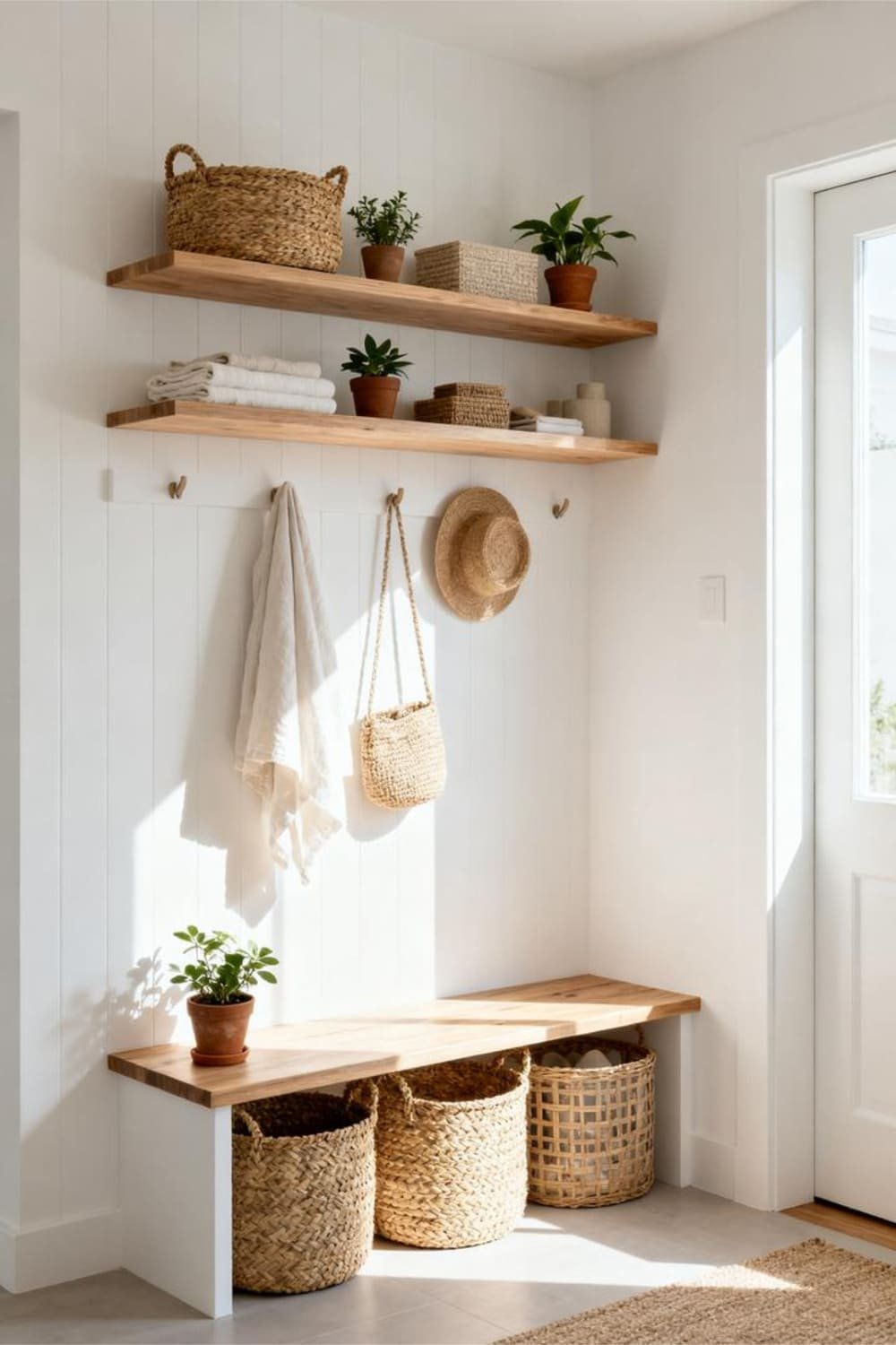 Floating wooden shelves in a mudroom holding matching woven baskets and small décor items in a clean, minimalist setup.