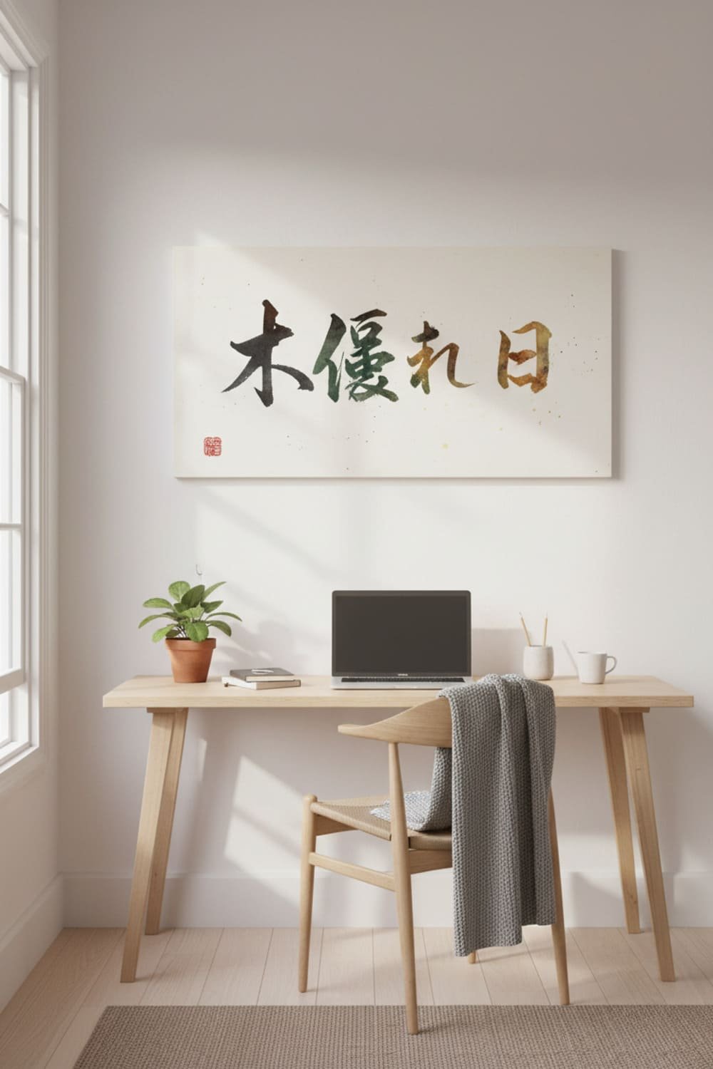 Printable wall art featuring the Japanese word Komorebi in expressive calligraphy displayed in a serene, nature-inspired workspace.