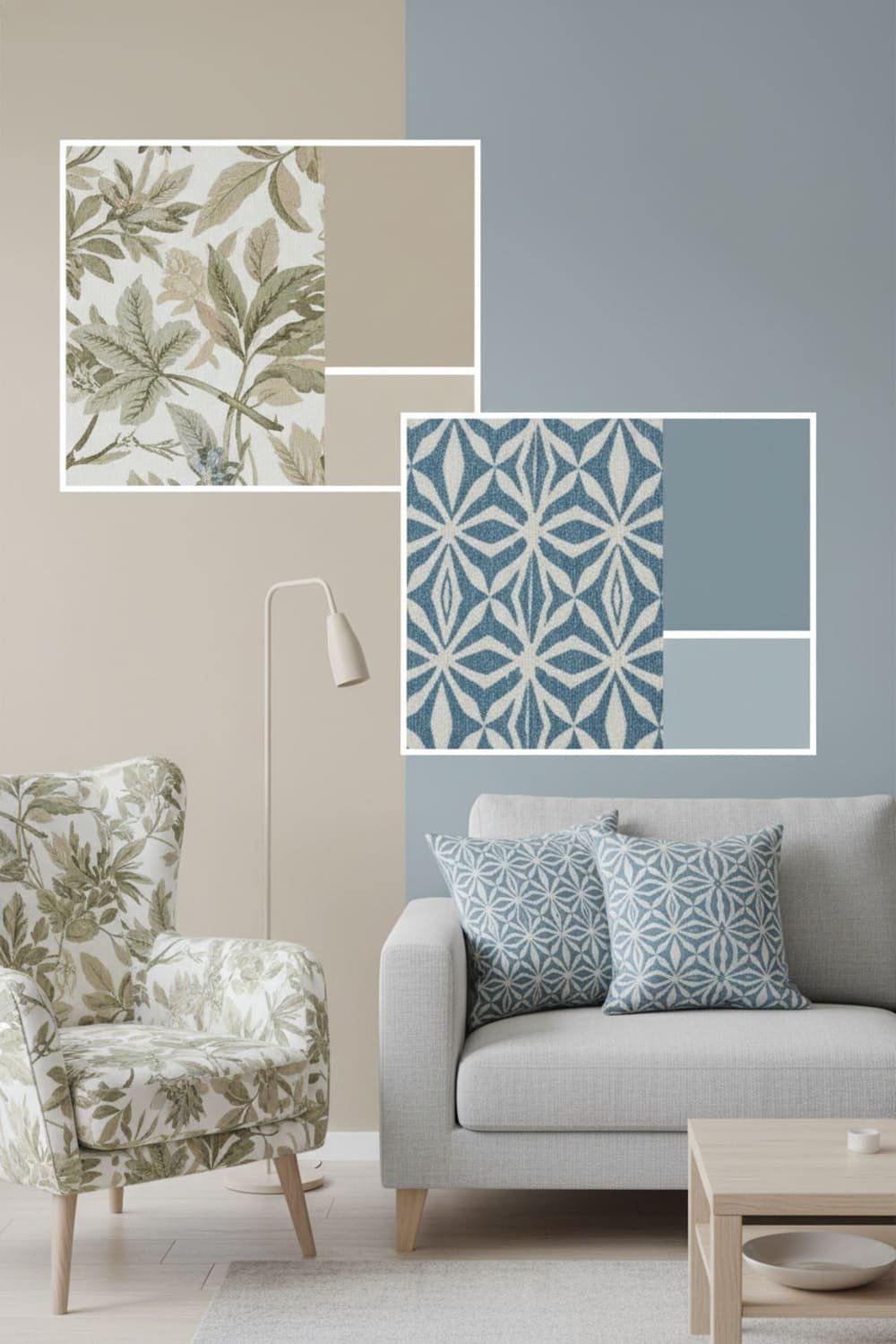 Room with patterned decor and paint color matched to the pattern’s background shade, showing how patterns guide wall color.
