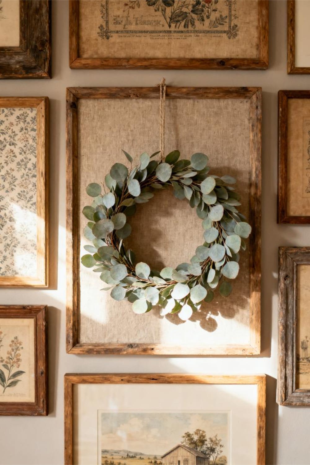 A small eucalyptus wreath displayed within a rustic gallery wall arrangement.