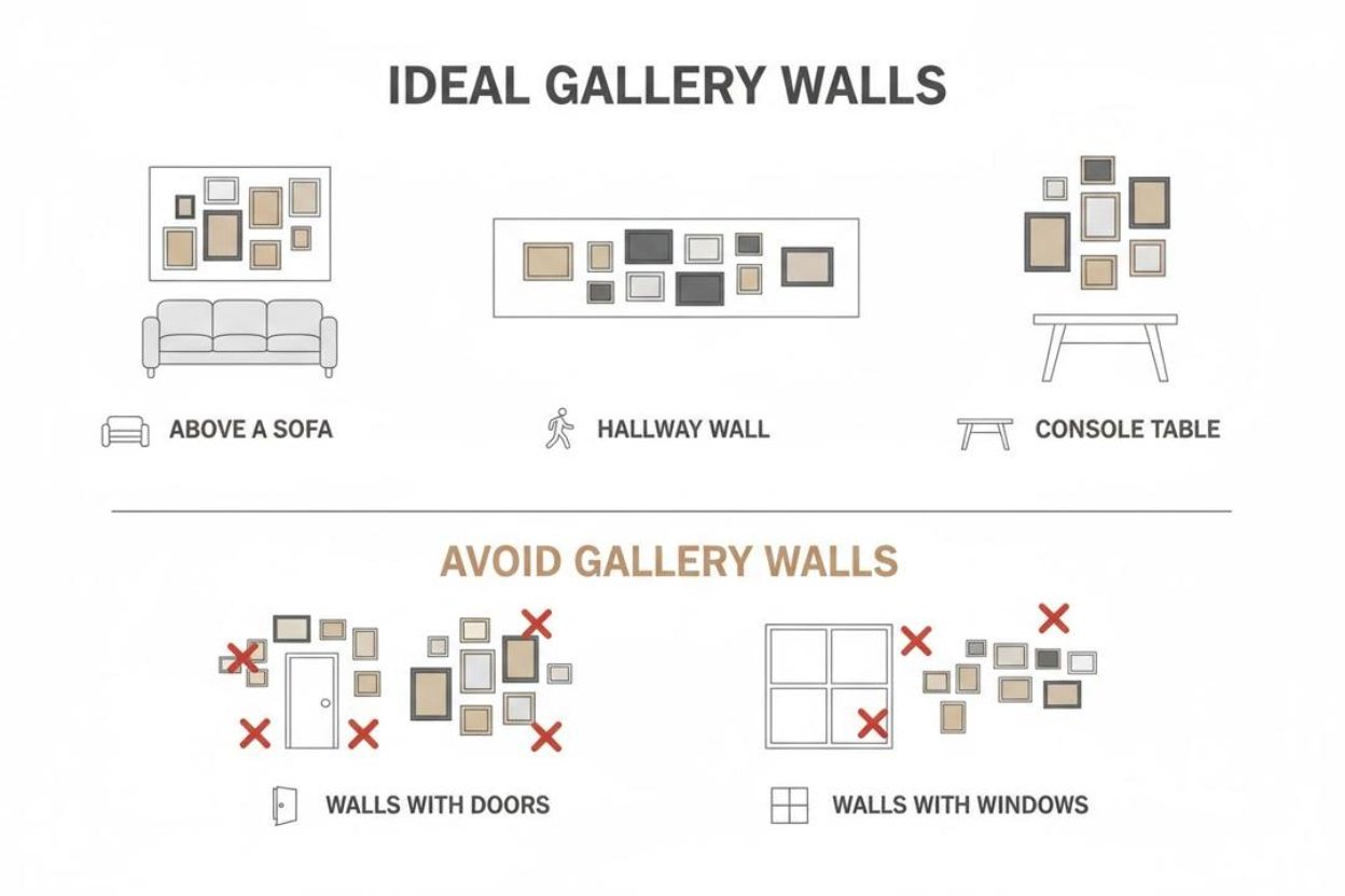 Infographic showing the best and worst wall locations for a minimalist gallery wall