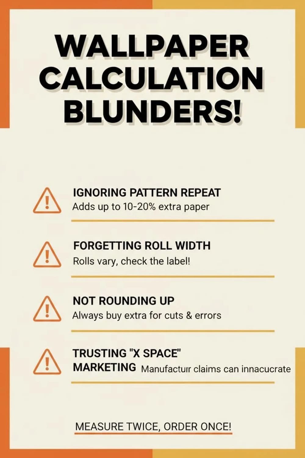 Infographic highlighting common wallpaper calculation mistakes with warning icons.