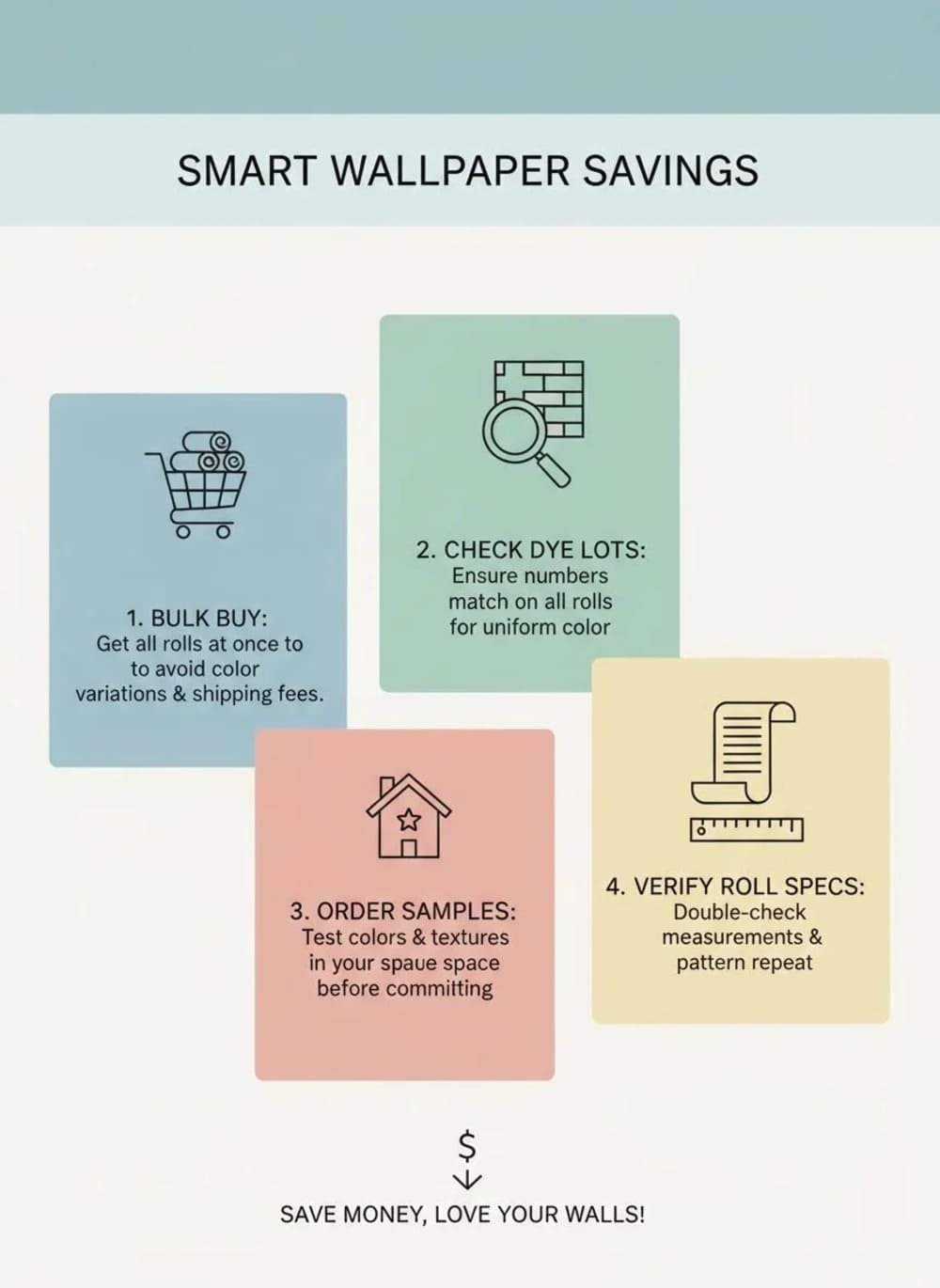 Infographic showing money-saving wallpaper tips such as buying rolls together and checking dye lots.